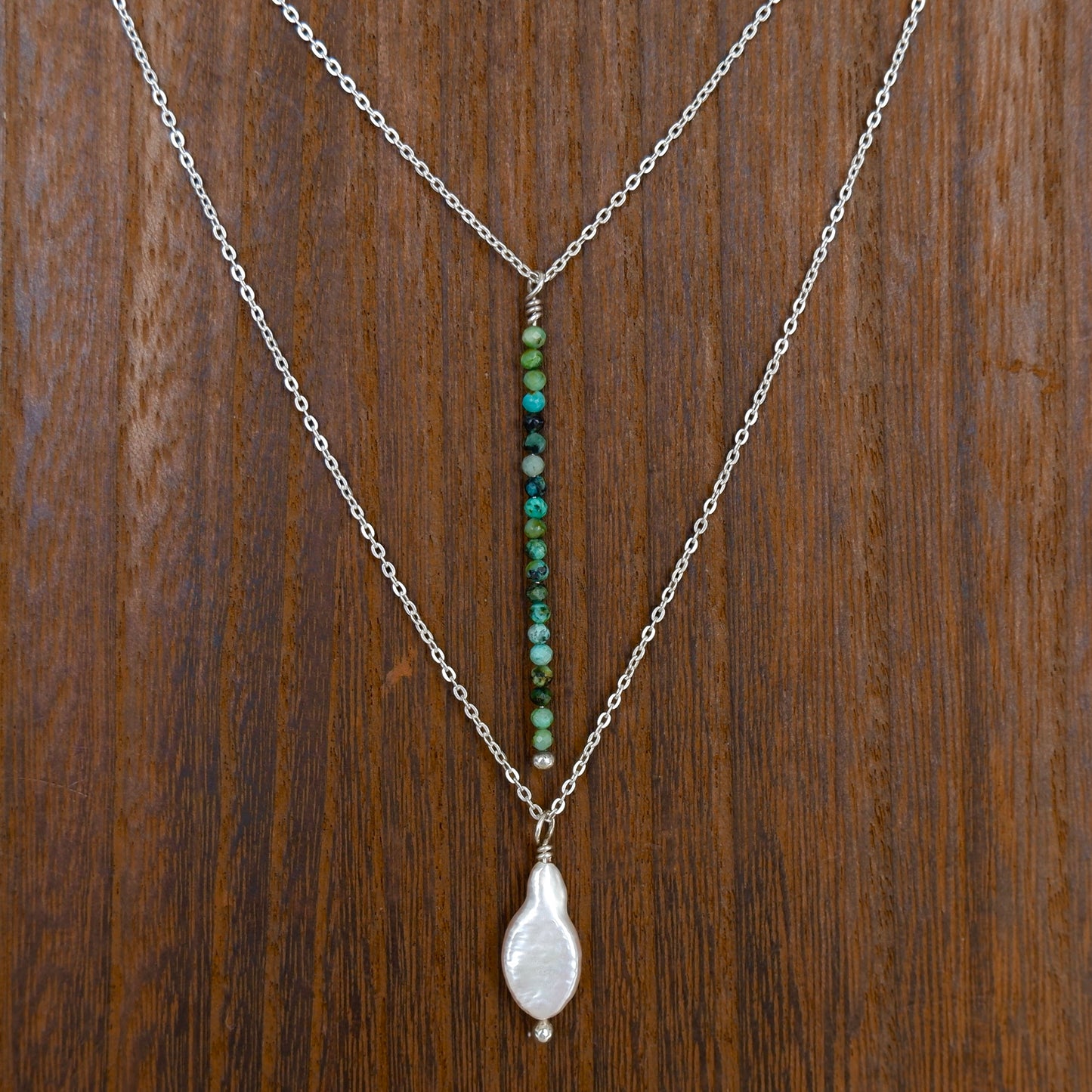 Sterling Silver Layered Pearl Necklace in Turquoise or Ruby