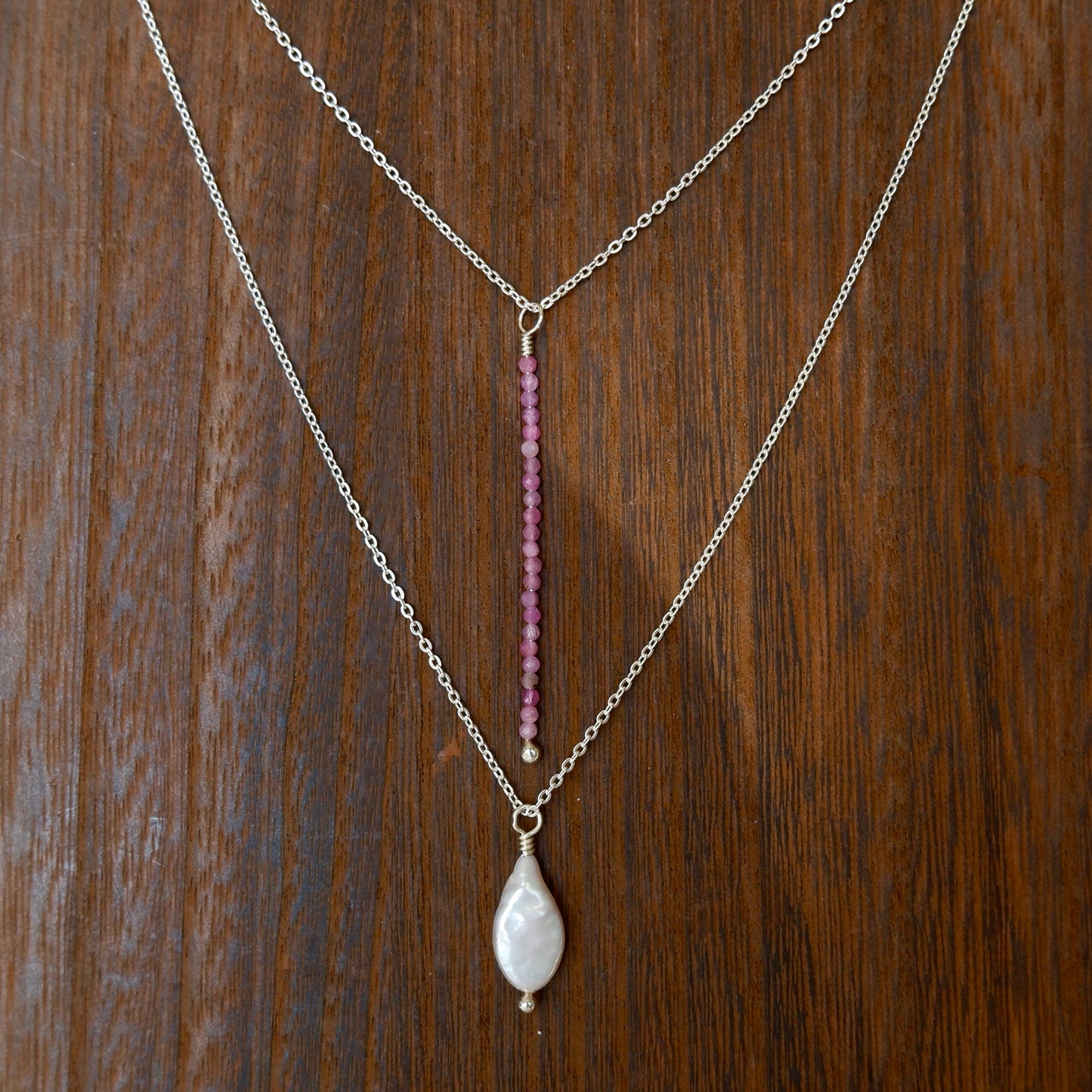 Sterling Silver Layered Pearl Necklace in Turquoise or Ruby