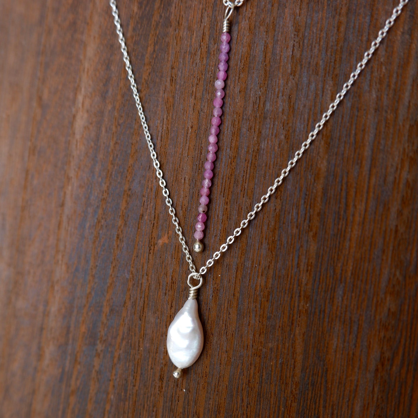 Sterling Silver Layered Pearl Necklace in Turquoise or Ruby