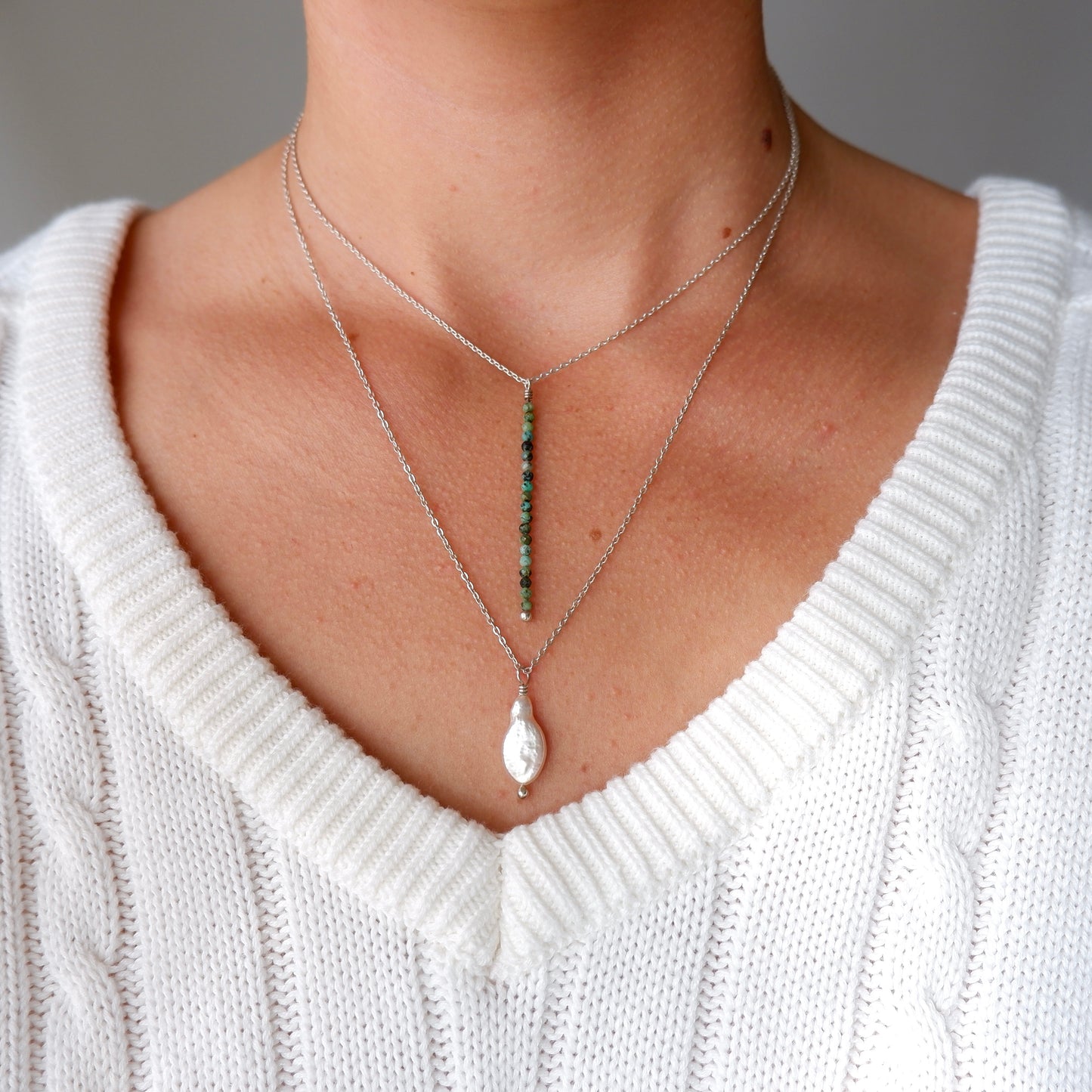 Sterling Silver Layered Pearl Necklace in Turquoise or Ruby