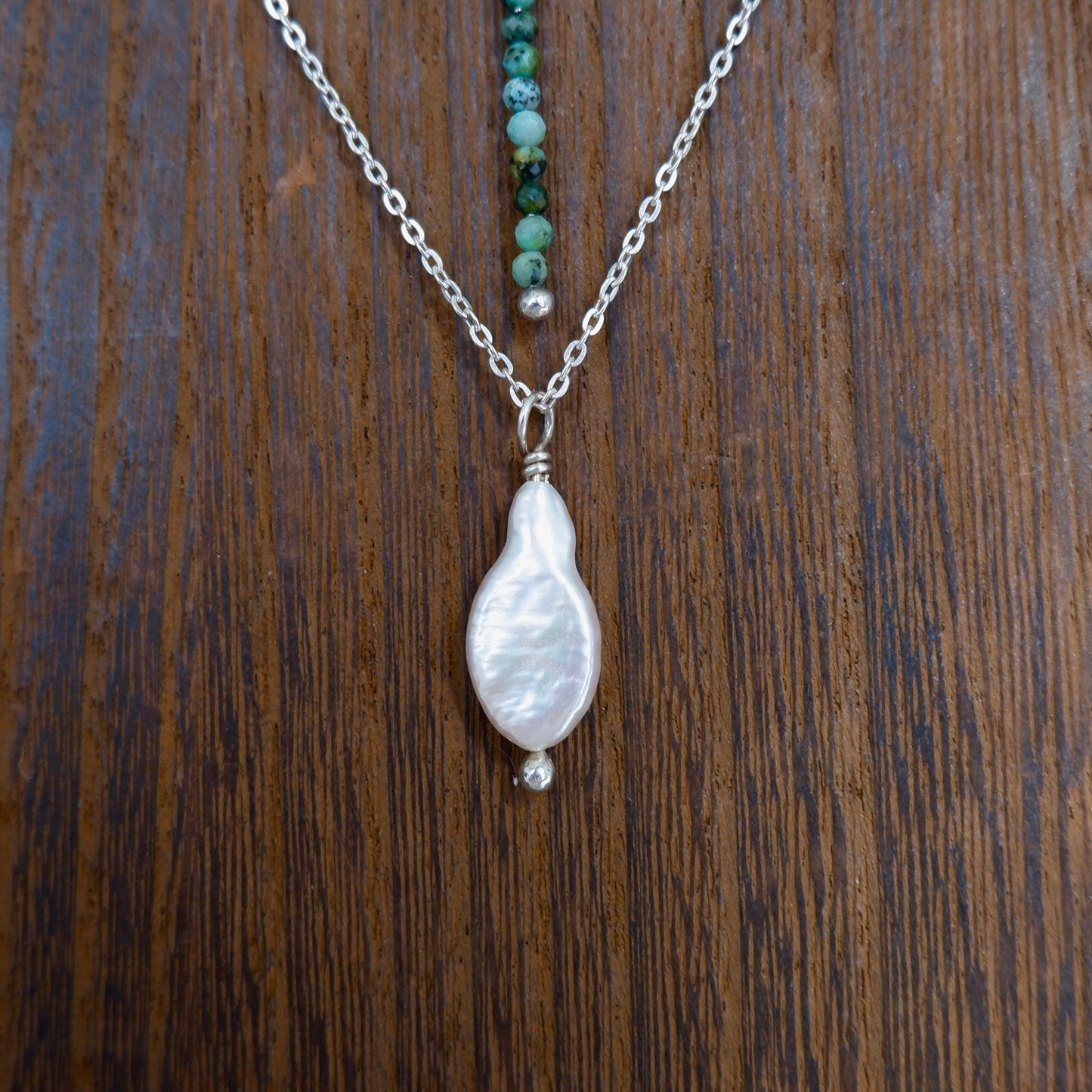 Sterling Silver Layered Pearl Necklace in Turquoise or Ruby