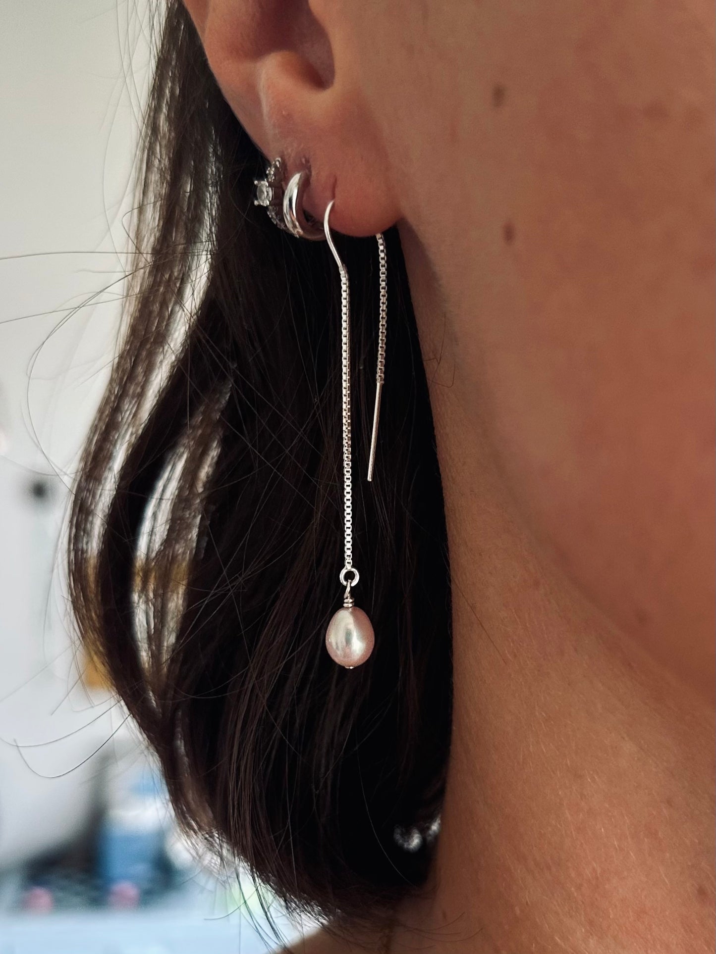 Sterling Silver Threader Drop Earrings with Natural Pink Pearls