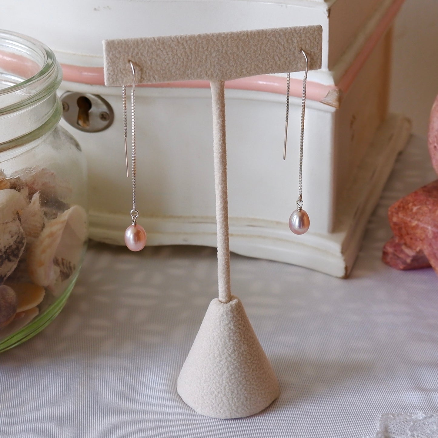 Sterling Silver Threader Drop Earrings with Natural Pink Pearls