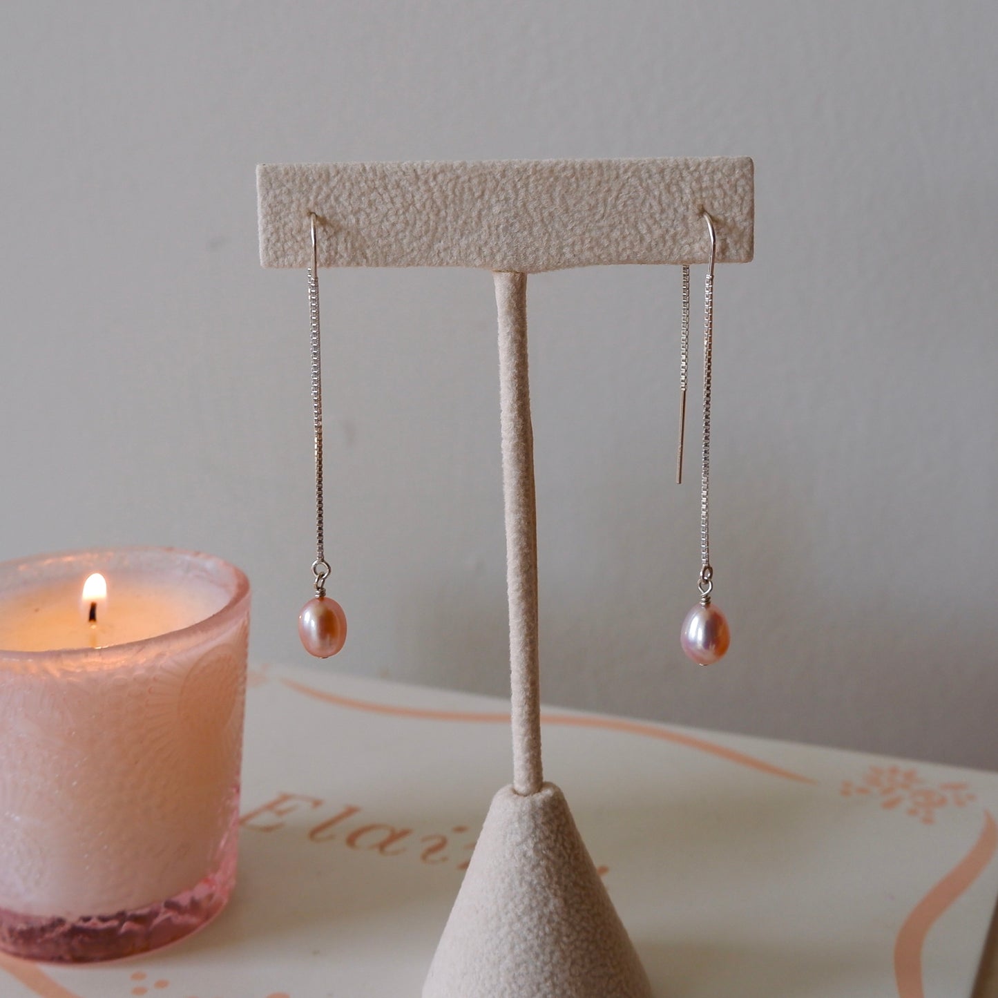 Sterling Silver Threader Drop Earrings with Natural Pink Pearls