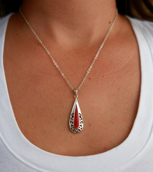 Red Coral Teardop Pendant Necklace