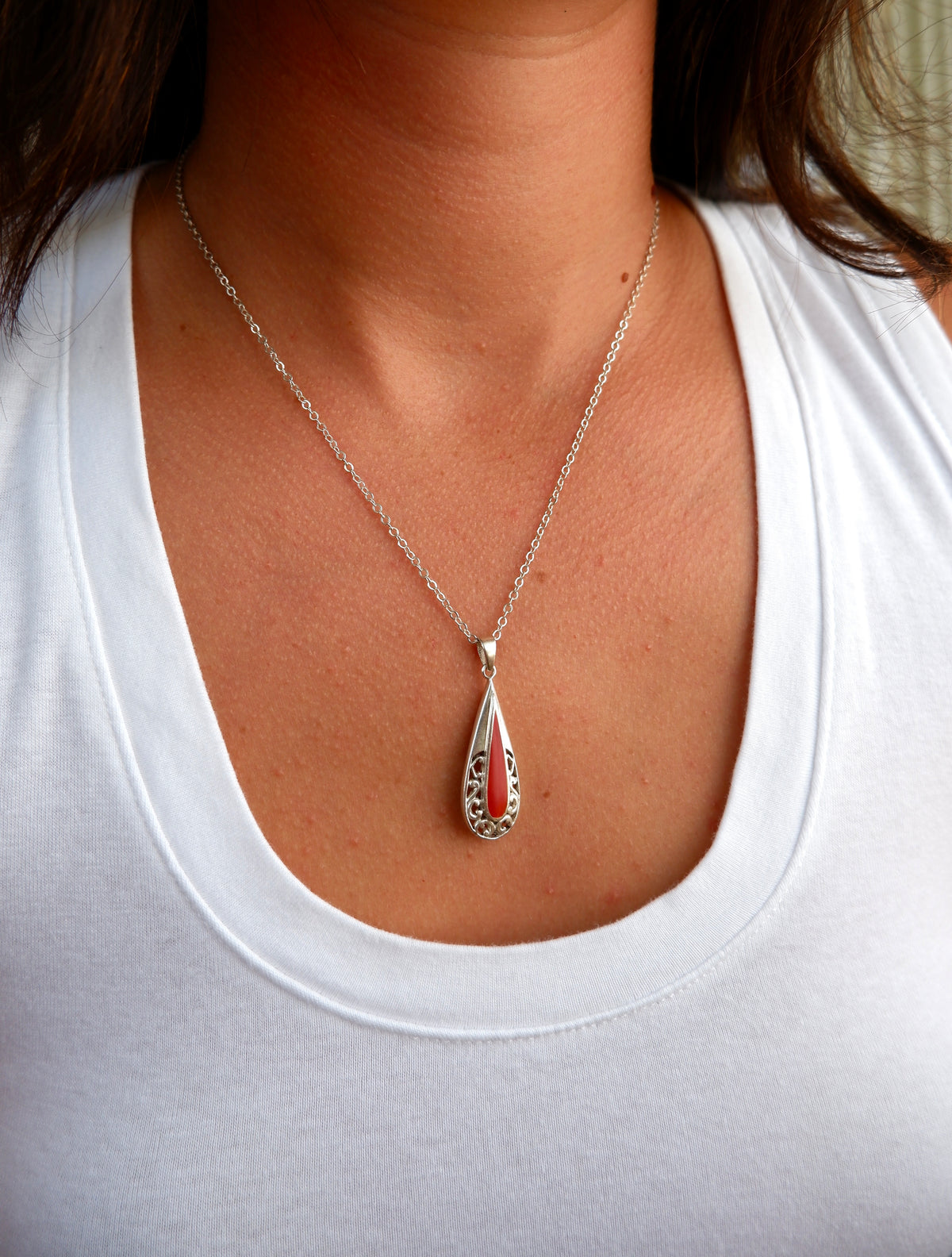 Red Coral Teardop Pendant Necklace