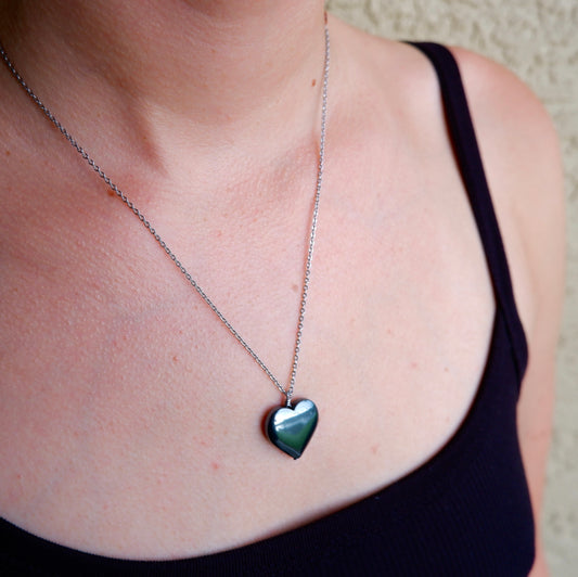 Large Hematite Heart Pendant Necklace