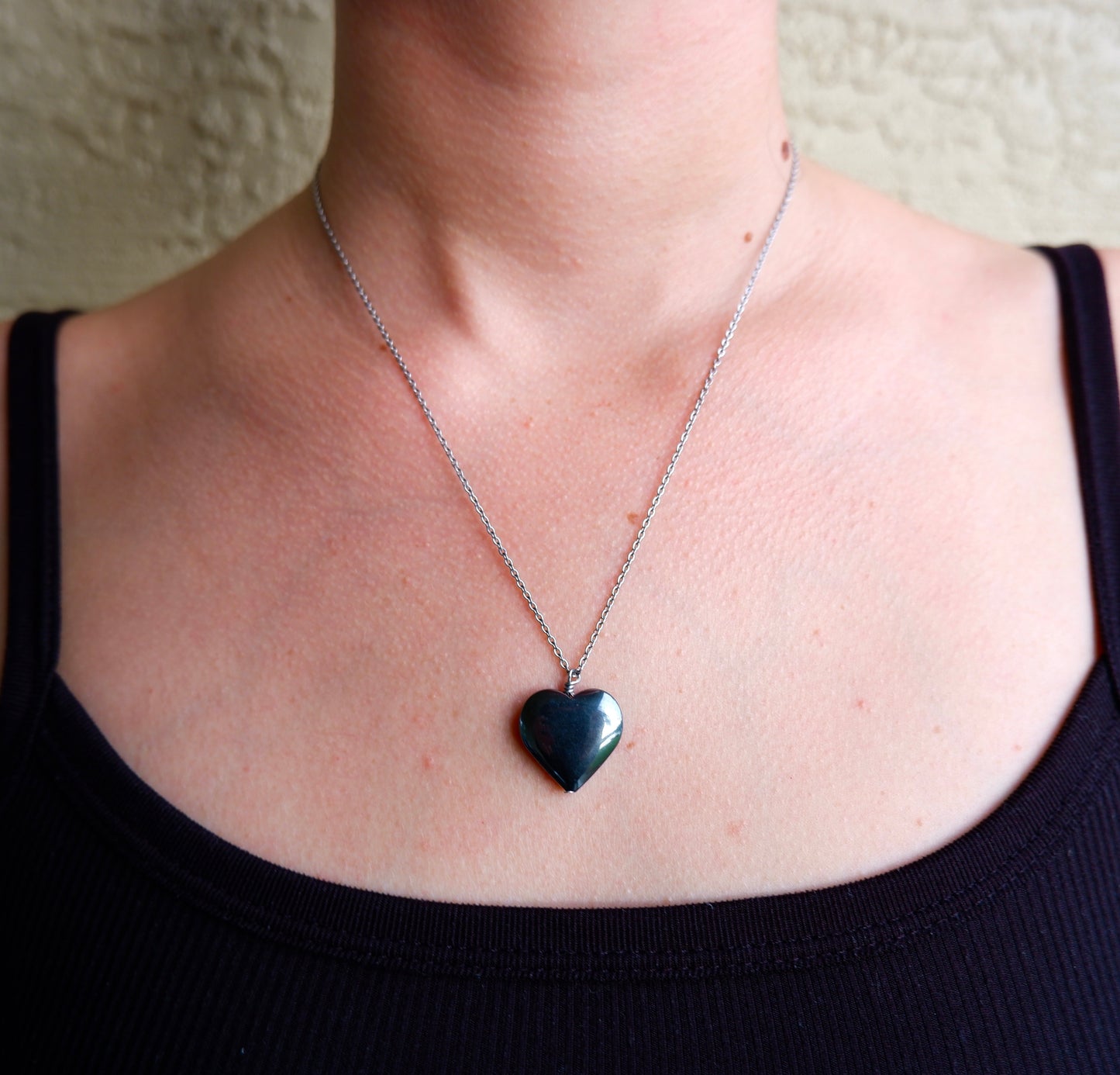 Large Hematite Heart Pendant Necklace