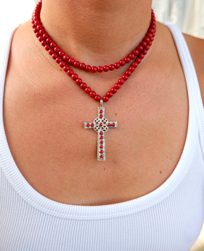 Red Enamel Cross Pendant Necklace