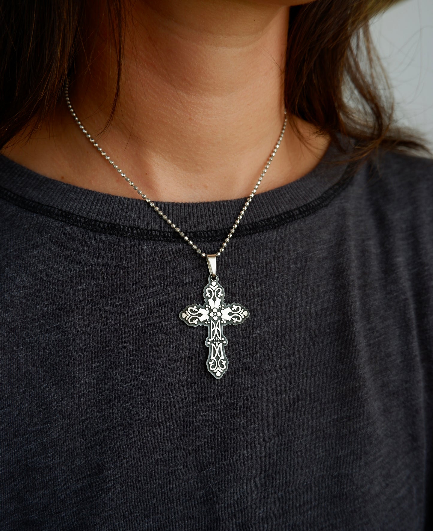 Relief Scrollwork Cross Necklace