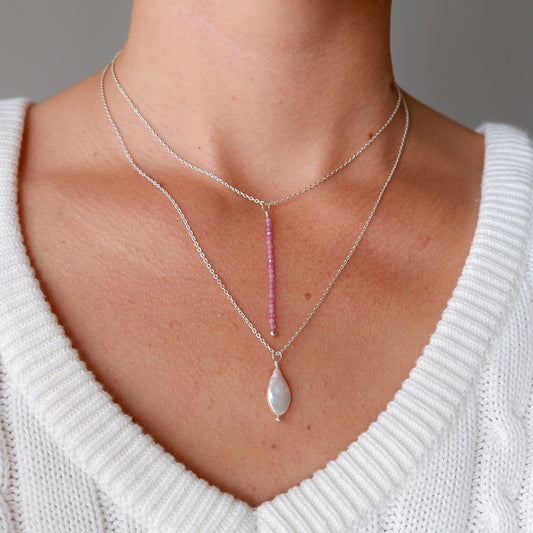 Sterling Silver Layered Pearl Necklace in Turquoise or Ruby
