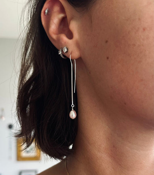 Sterling Silver Threader Drop Earrings with Natural Pink Pearls