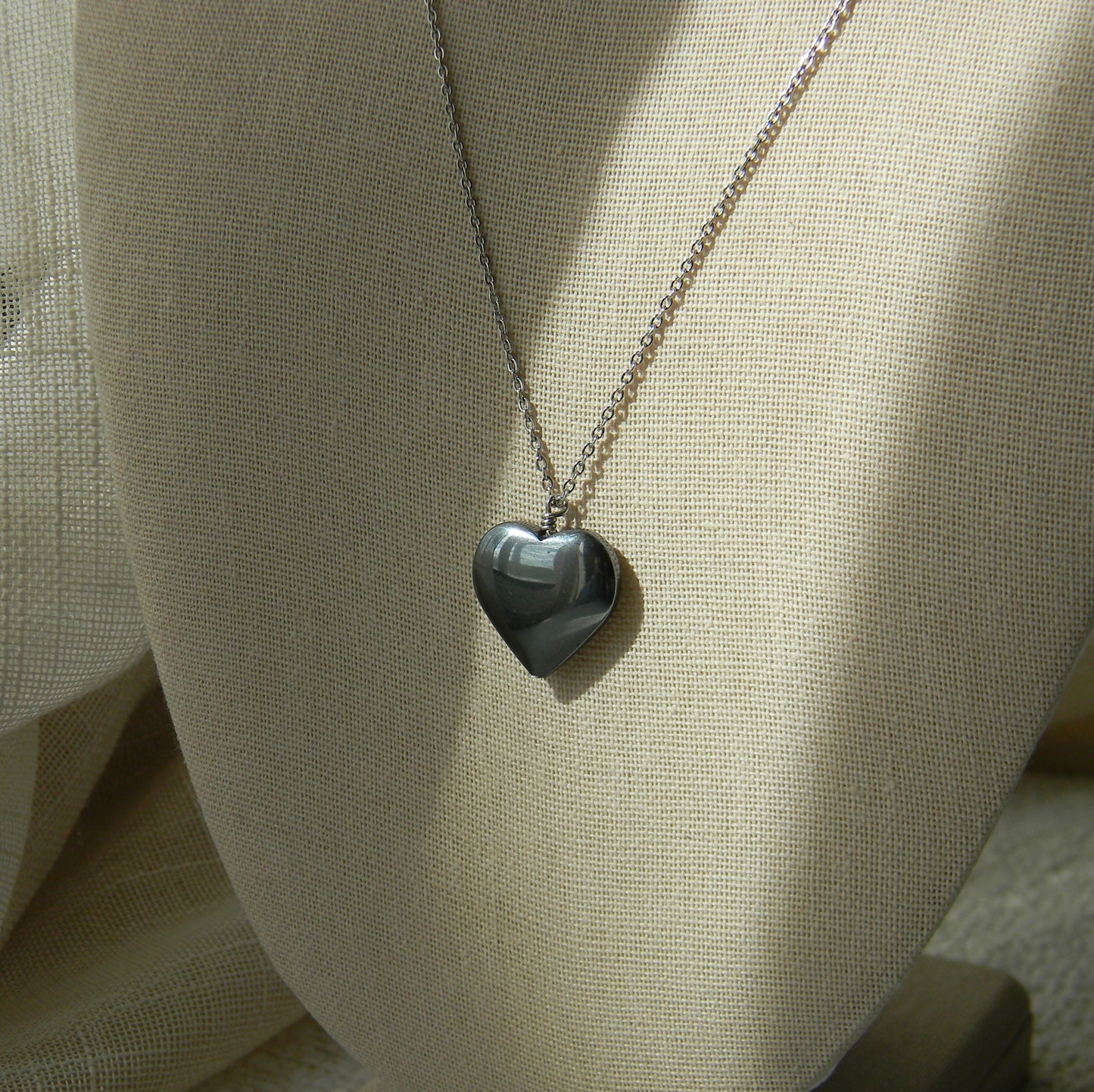 Large Hematite Heart Pendant Necklace