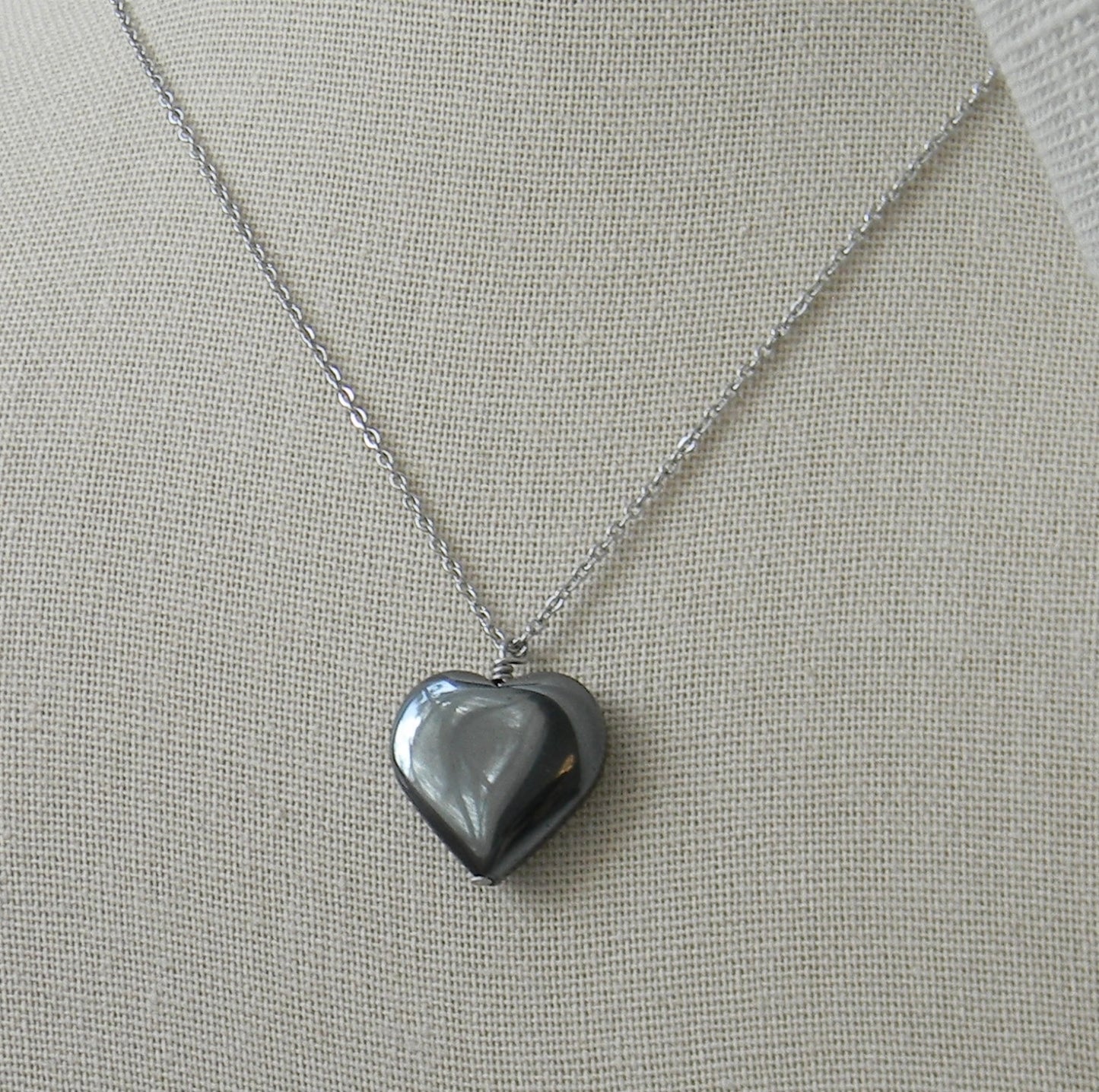 Large Hematite Heart Pendant Necklace